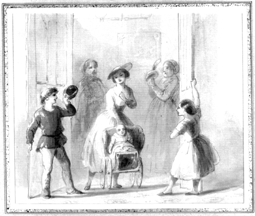 [a drawing of a woman with a baby in a stroller with an admiring audience of people]